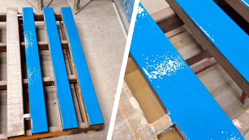 A landscaping materials supplier repair metal pallets at their warehouse damaged by having heavy and abrasive items like paving, slabs and stones stacked on them