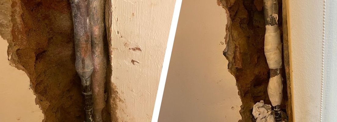 Lead pipe leaking inside a wall at a home in the United Kingdom before undergoing repair using a SylWrap Universal Pipe Repair Kit