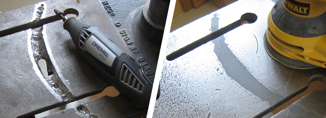 A badly gouged metal drill base stand undergoes repair and rebuild using Industrial Metal Epoxy Paste